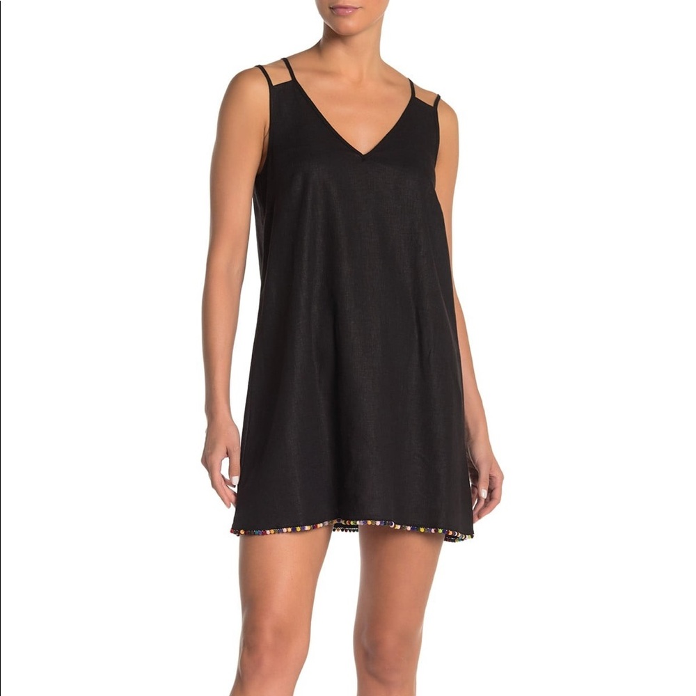 Sleeveless Pompom Linen Blend Black Mini Dress